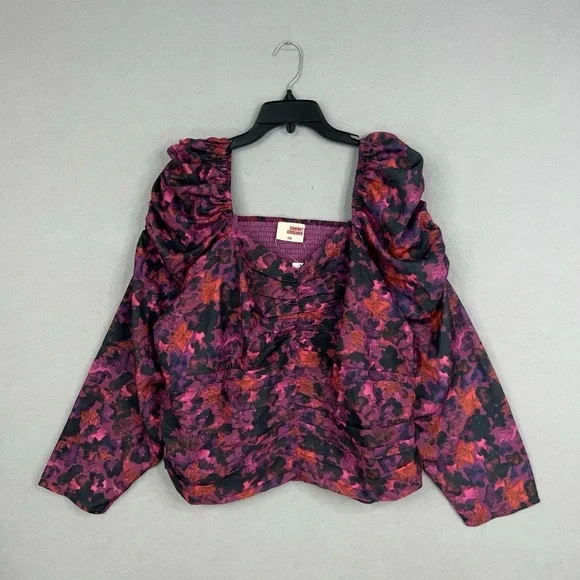 Anthropologie Samant Chauhan Blouse 2X Purple Floral Puff Square Ruched NWT - Picture 3 of 15